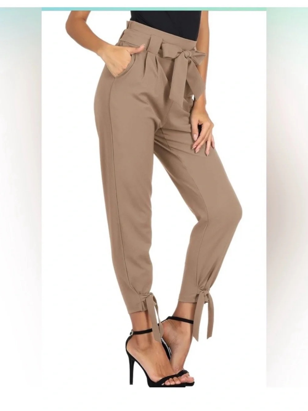 Grace Karin Women’s Paperbag Tie Waist Ankle Pants Size Small Taupe Bow Detail
